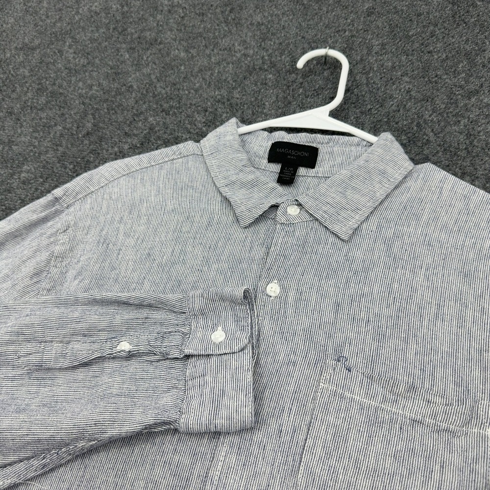 Magaschoni Man Button Down Shirt Mens L Blue Linen Blend Striped Casual Summer